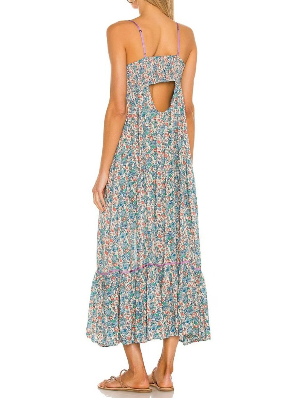 Free People Molly Jo Midi Dress Smocked Blossom Combo Blue Bohemian Size L - Picture 12 of 13